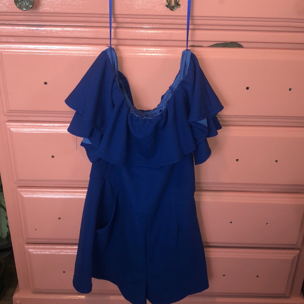 Blue off the shoulder romper with pockets!!